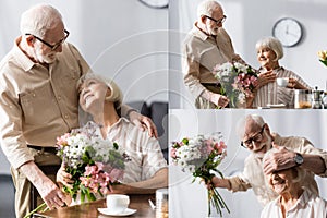 Collage of senior man giving floral