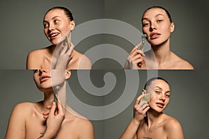 Collage. Sensual young beautiful girl without makeup with bare shoulders doing hand face massage. Concept of purity