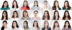 Collage set of 21 cute and beautiful Asian women faces on white background, different hairstyle and face shapes but all positive