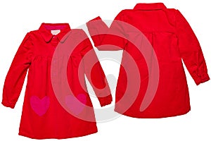 Collage set of a beautiful red girl\'s dress with attached heart shaped pockets and long sleeves isolated on white. Kids
