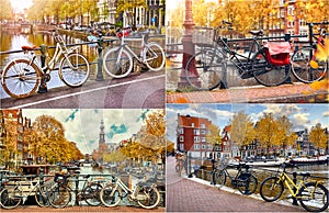 Collage set Bike over canal Amsterdam city Picturesque town in