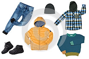 Collage set of boys spring winter clothes isolated. Male kids apparel collection. Child boy fashion clothing outfit. Colorful