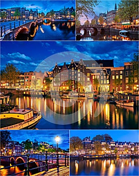 Collage set Bridge Blue hour arch over canal in Amsterdam Famous