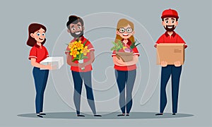 Collage, set of cartoon character couriers, delivery people with orders isolated on background