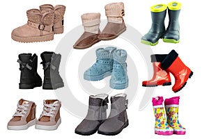 Collage set of children shoes and boots. Collection of seasonable various colorful children shoes and rubber boots isolated on a