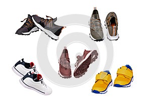 Collage set children summer shoes. Collection of elegant stylish male leather sneakers or sport shoes isolated on a white