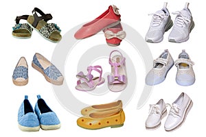 Collage set children summer shoes. Collection of seasonable various colorful children shoes, girls sandals, denim shoes and