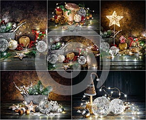 Collage set Christmas holiday decoration with fir balls and with