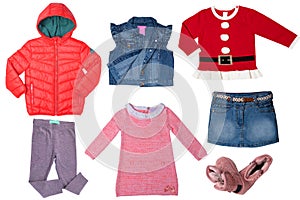 Collage set of clothes for a little girl isolated on a white background. The collection of a jeans vest and skirt, a sweater in