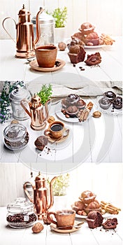 Collage set Coffee in clay cup with chocolate muffin on white