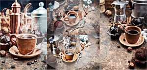 Collage set Crafting coffee in clay cup with bean cezve and cake