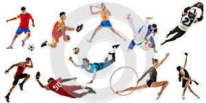 Collage, set of different professional sportsmen. Basketball, football, voleyball players in action over white