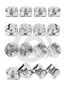 Collage of a set of four polished chrome forged pistons