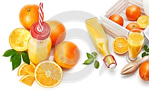 Collage set Fresh orange juice with fruit and green leaves