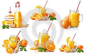 Collage set Fresh orange juice with fruit and green leaves in on