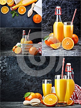 Collage set Freshly squeezed orange juice in glass bottle