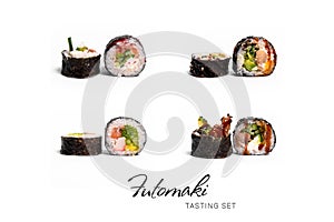 Collage set of Futomaki sushi roll pieces isolated with on white background. Different types of Sushi rolls for restaurant menu.