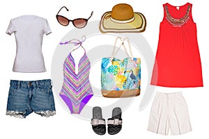 Collage set of girl beach summer clothes isolated on white. Female woman apparel collection. Women fashion clothing outfit.