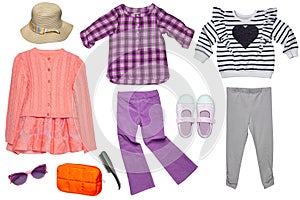 Collage set of girl spring summer clothes isolated. Female kids apparel collection. Child baby fashion clothing outfit. Colorful