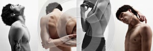 Collage. Set of images of beautiful, fit, relief male body against white studio background. Young guy posing shirtless