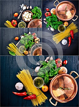 Collage set Italian pasta cooking foods ingredient for national