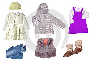 Collage set of little girl autumn or spring clothes isolated on white. Kids apparel collection. Childs fashion clothing outfit.