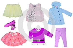 Collage set of little girl clothes for day of the child isolated on a white background. Colorful fashion for party or birthday