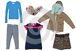 Collage set of little girl clothes isolated on a white background. The collection of a jacket, sweater, short brown jeans skirt