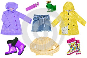 Collage set of little girl clothes isolated on a white background. The collection of  rain jackets, sweater, a jeans skirt, rubber