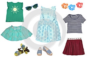 Collage set of little girl summer clothes isolated on a white background. The collection of a blue dress, two skirts, shoes and