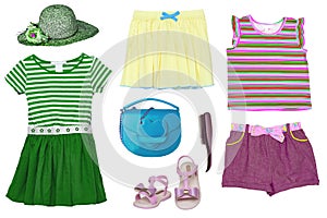 Collage set of little girl summer clothes isolated on a white background. The collection of a green striped dress with hat, a