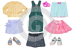 Collage set of little girl summer clothes isolated on a white background. The collection of a jeans skirt, shoes, short summer