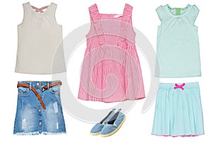 Collage set of little girl summer clothes isolated on a white background. The collection of jeans skirt and shoes, short summer