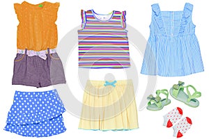 Collage set of little girl summer clothes isolated on a white background. The collection of  various short summer skirts, a dress