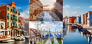 Collage set Murano island Venice Veneto Italy View at bell tower