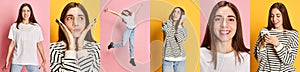 Collage. Set of portrait of young girl posing with diverse emotions against pink and yellow background. Youth lifestyle