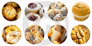 Collage set of round circle icons isolated on white background of various kinds of pastry cookies muffins croissants mini cakes