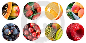 Collage of set of round circle icons of various seasonal tropical and exotic fruits and berries on white background. Vitamins