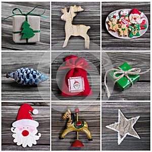 Collage of several different colorful christmas decoration on wood.