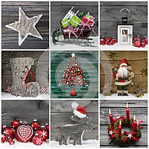 Collage of several different colorful christmas decoration on wood.