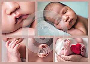 Collage several images of cute sleeping baby, newborn and mothercare concept