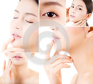 Collage of several photos for beautiful asian woman makeup of cosmetic, girl hand touch cheek, face of beauty perfect with wellnes