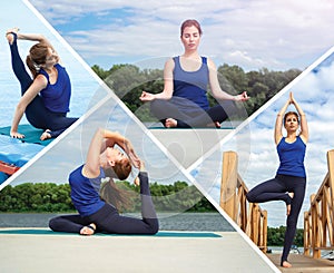 Collage of several photos on the topic of yoga