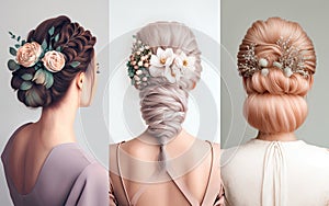 Collage of several young girls with different hairstyles with flowers back view