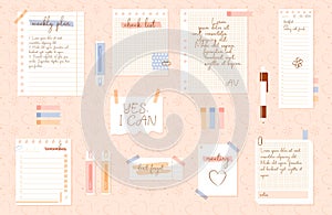 Collage sheet of notepad, sticky memos, torn paper. Vector elements in trendy style. Contemporary illustration.