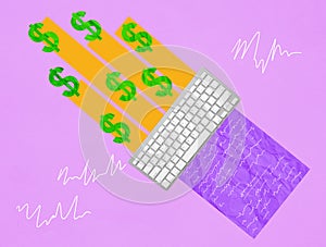 A collage of a sheet of paper, a keyboard and dollar signs as a symbol of blog monetization.