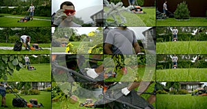 Collage shooting of a man who is at the dacha, wearing glasses, he mows the green lawn with a lawn mower, which then