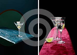 Collage of shot glass and cocktail glass with vermouth, lime slice and whole olive on toothpick on velour and geometric