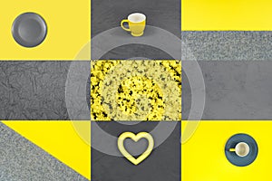 A collage showcasing the trendy colors of 2021 - gray and yellow. Heart, cups, plate, knitted fabric backgrounds.