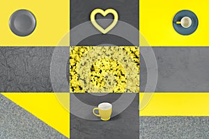 A collage showcasing the trendy colors of 2021 - gray and yellow. Heart, cups, plate, knitted fabric backgrounds.